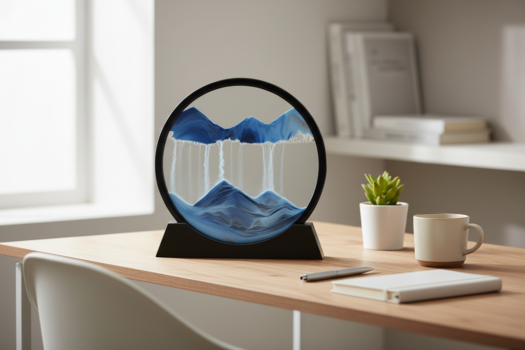 3D sand art painting in black frame with blue sand on a minimalist home office desk