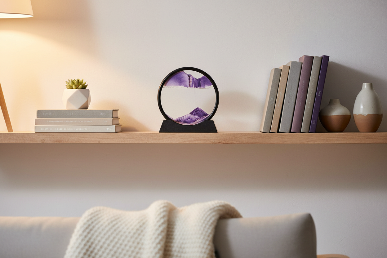 3D sand art painting in black frame with purple sand displayed on a living room shelf