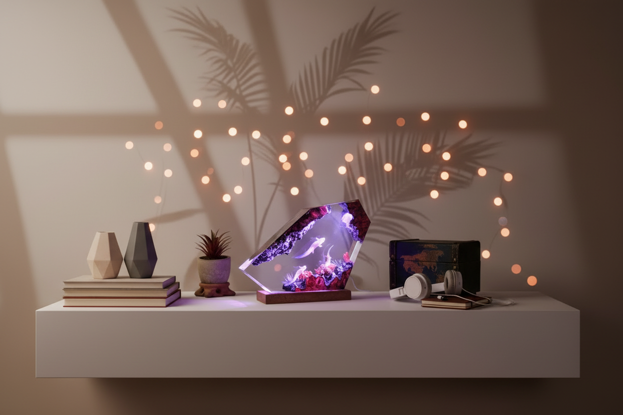 Mexican Salamander Resin Art Lamp – RGB Light shelf lifestyle